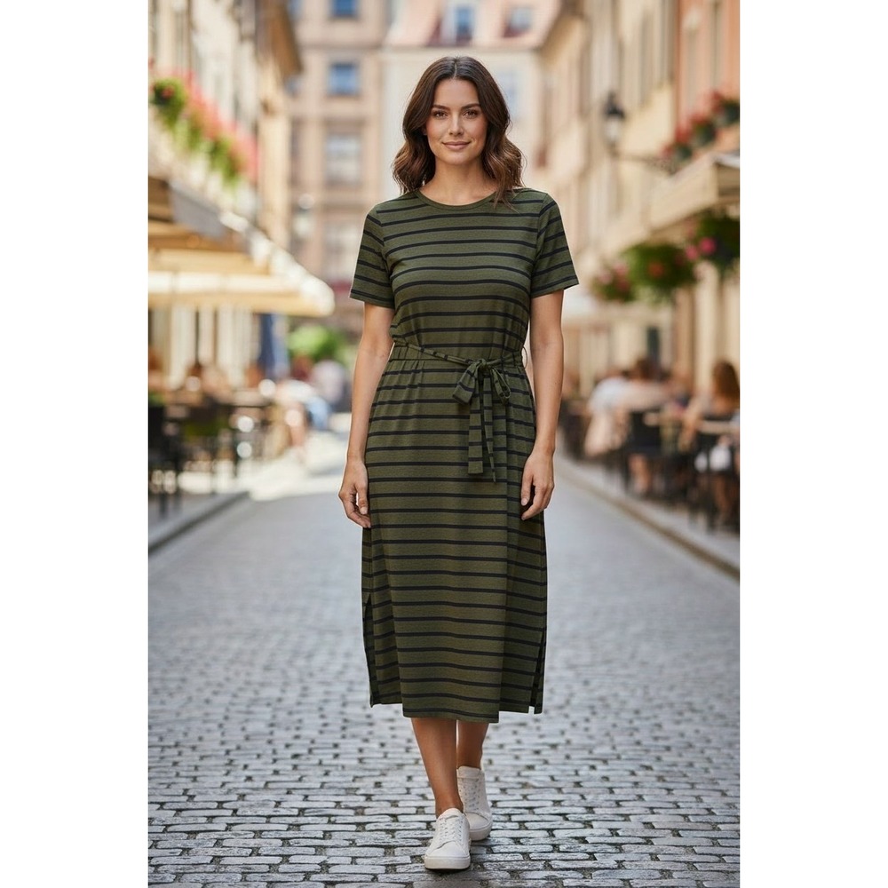 Banana Republic Olive Green & Navy Striped Maxi Dress with Tie‎ Waist Size XS
